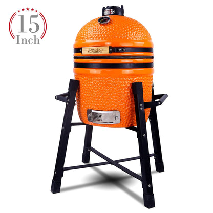 London Sunshine Ceramic Kamado Charcoal BBQ Grill and Smoker, Stainless Steel Grates -15" Ceramic with Tall Stand (ORANGE) - CookCave