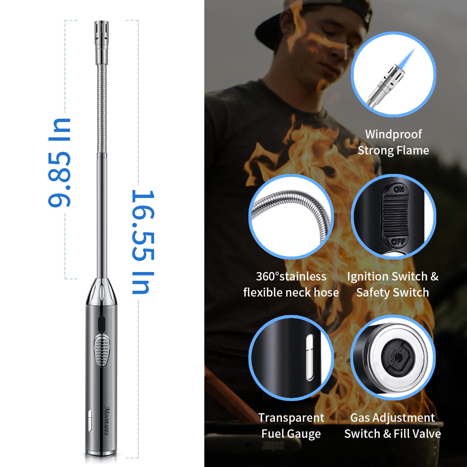 Long Grill Lighter,Refillable Butane,Windproof Flexible with Visual Fuel Window for Candles Grill BBQ Fireplaces Kitchen Camping(Butane Gas Not Included) - CookCave