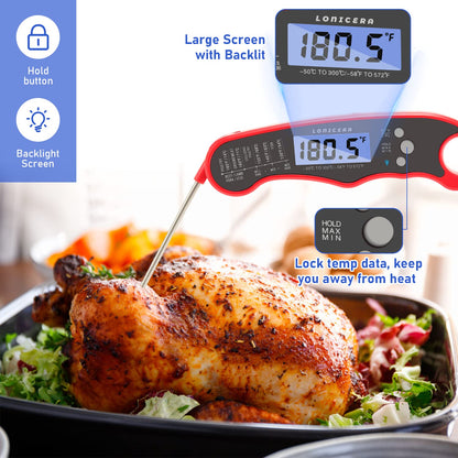 Lonicera Digital Thermometer for Cooking Food and Meat. Waterproof & Instant Read for Kitchen Baking, BBQ. with Foldable Probe, Backlight & Calibration (Red) - CookCave