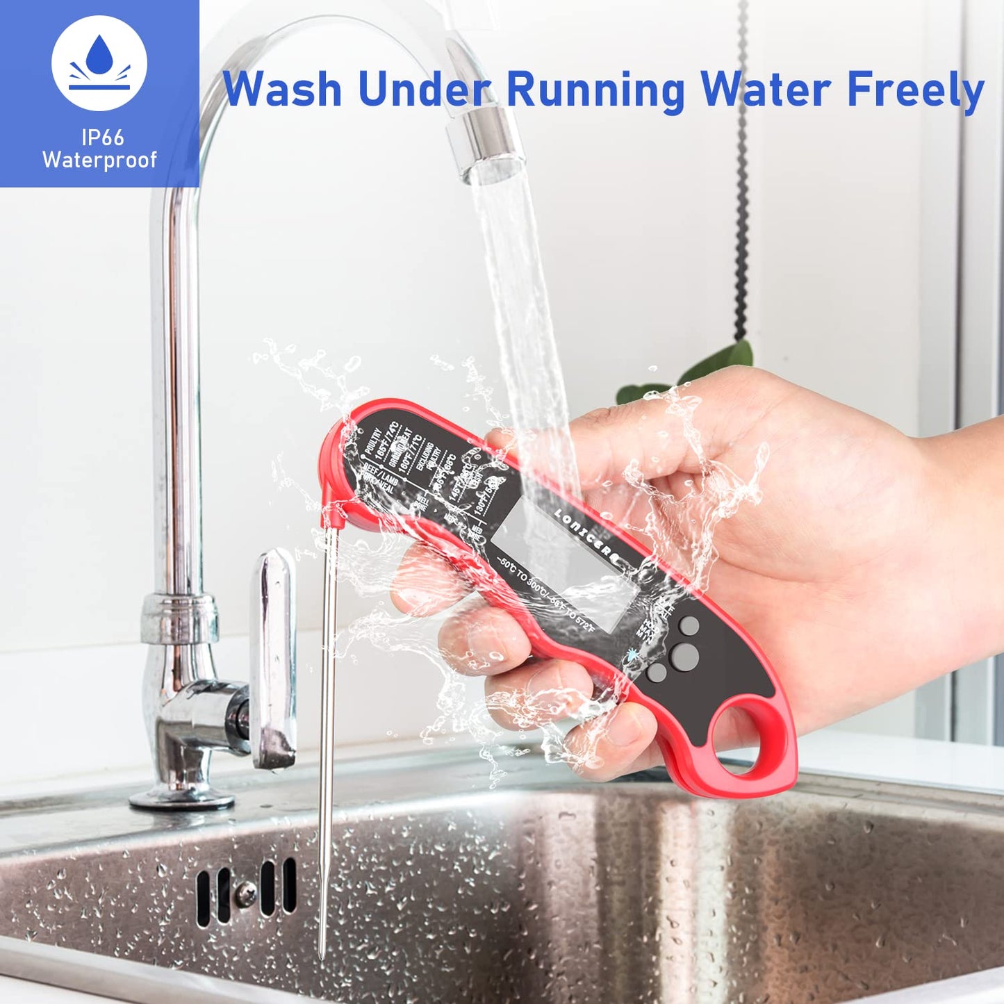 Lonicera Digital Thermometer for Cooking Food and Meat. Waterproof & Instant Read for Kitchen Baking, BBQ. with Foldable Probe, Backlight & Calibration (Red) - CookCave