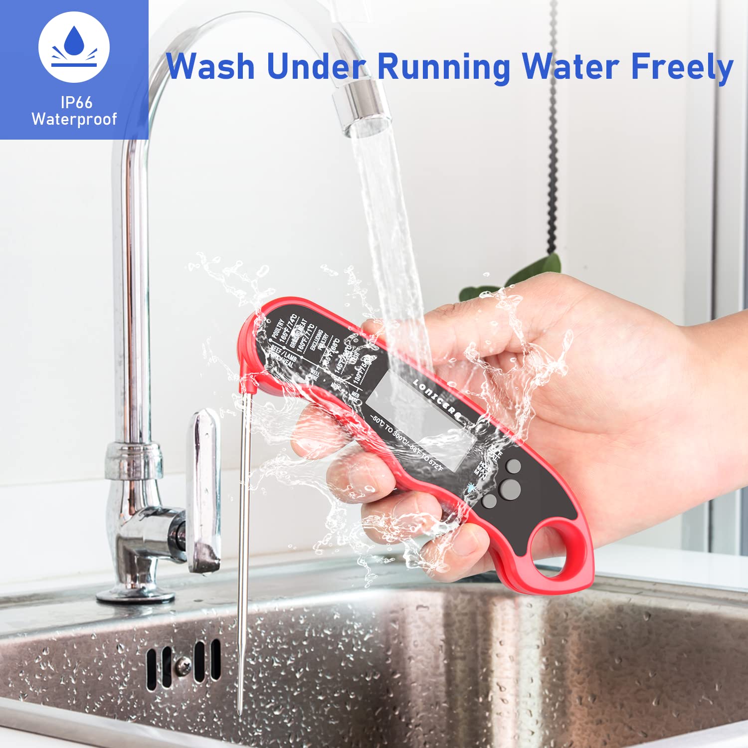 Lonicera Digital Thermometer for Cooking Food and Meat. Waterproof & Instant Read for Kitchen Baking, BBQ. with Foldable Probe, Backlight & Calibration (Red) - CookCave