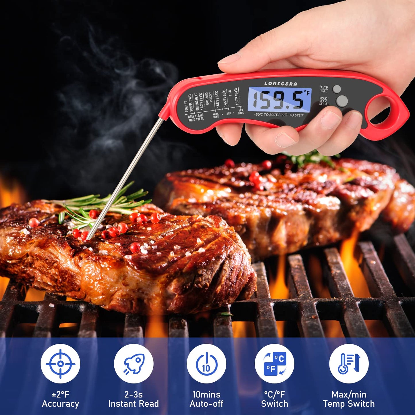 Lonicera Digital Thermometer for Cooking Food and Meat. Waterproof & Instant Read for Kitchen Baking, BBQ. with Foldable Probe, Backlight & Calibration (Red) - CookCave