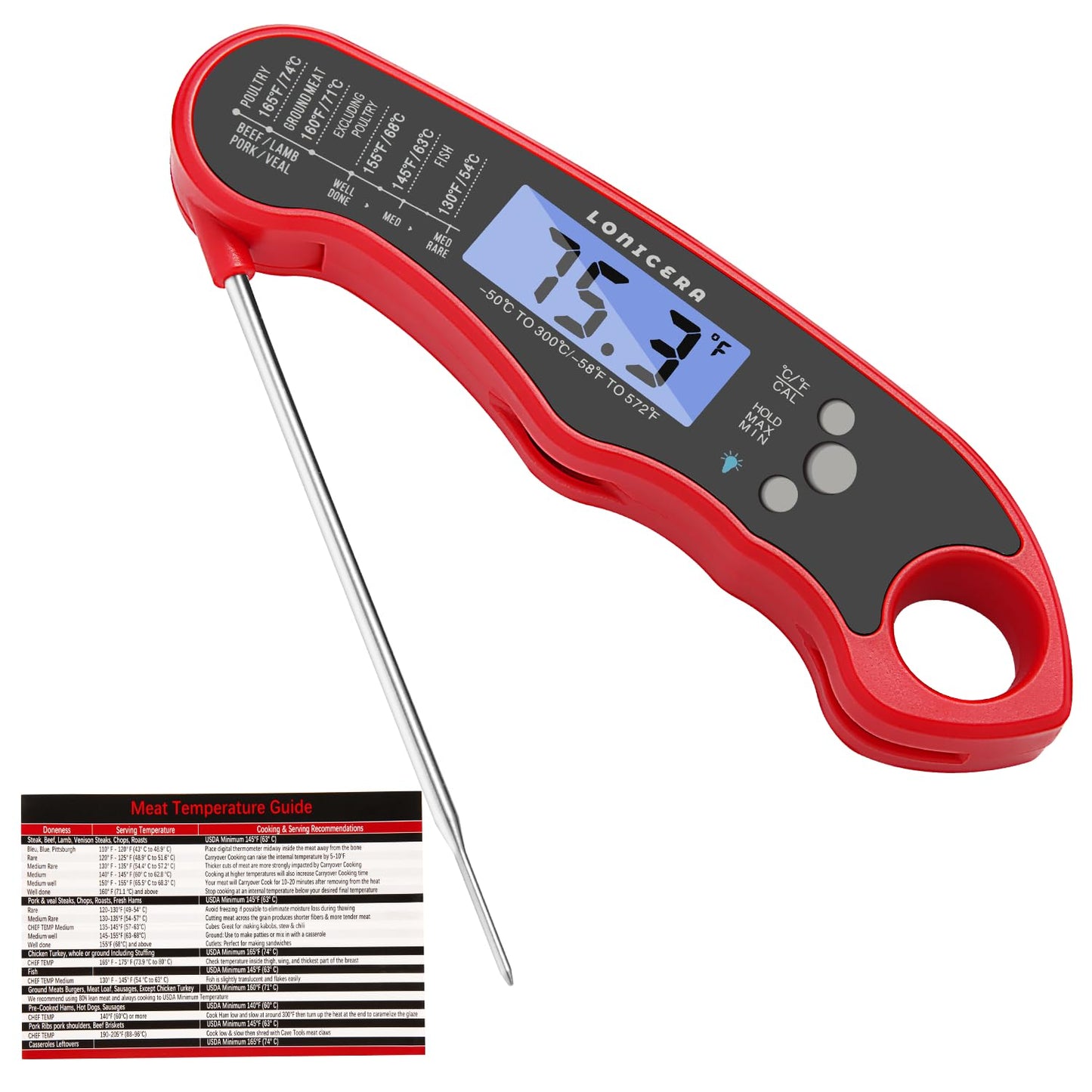 Lonicera Digital Thermometer for Cooking Food and Meat. Waterproof & Instant Read for Kitchen Baking, BBQ. with Foldable Probe, Backlight & Calibration (Red) - CookCave