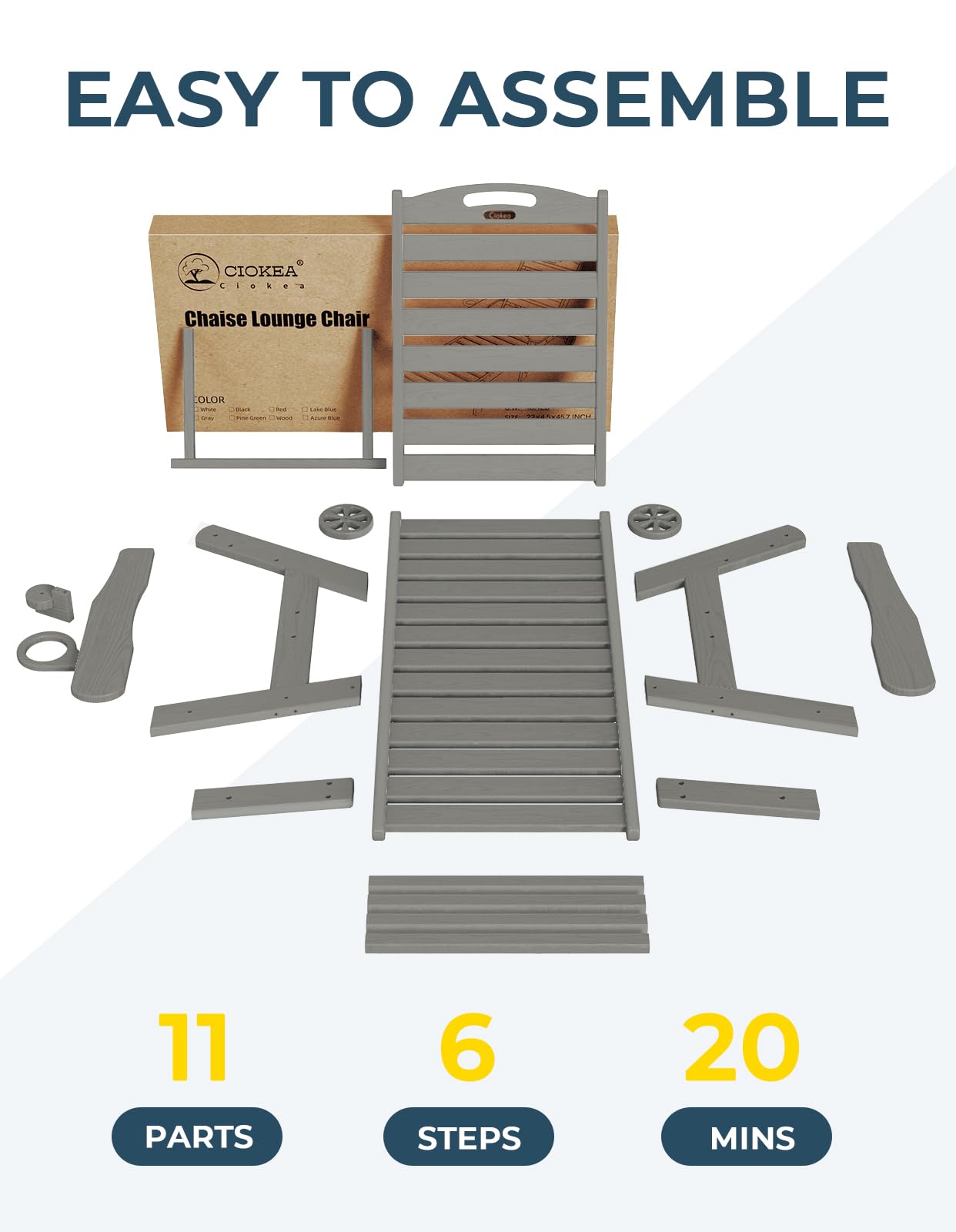 Lounge Chair Outdoor, Oversized Chaise Lounge Chair with 5 Positions, HDPE, Patio Lounge Chair with Wheels & Cup Holder for Pool, Deck, Poolside, Grey - CookCave