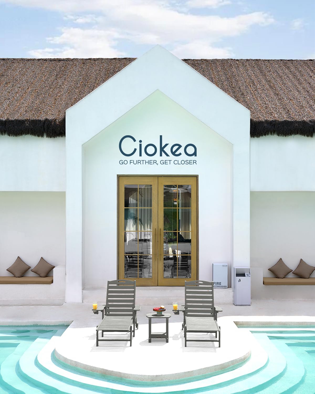 Lounge Chair Outdoor, Oversized Chaise Lounge Chair with 5 Positions, HDPE, Patio Lounge Chair with Wheels & Cup Holder for Pool, Deck, Poolside, Grey - CookCave