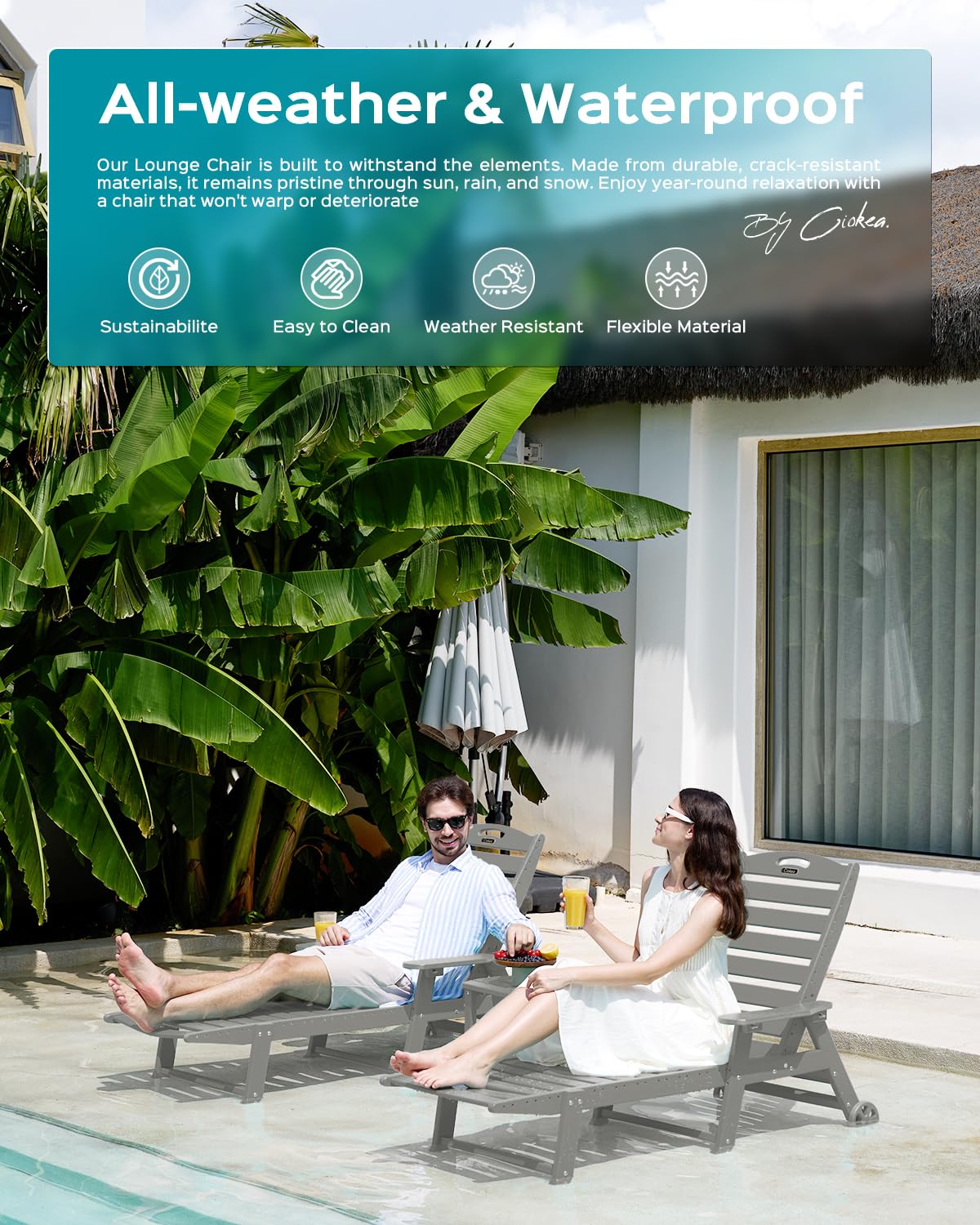 Lounge Chair Outdoor, Oversized Chaise Lounge Chair with 5 Positions, HDPE, Patio Lounge Chair with Wheels & Cup Holder for Pool, Deck, Poolside, Grey - CookCave