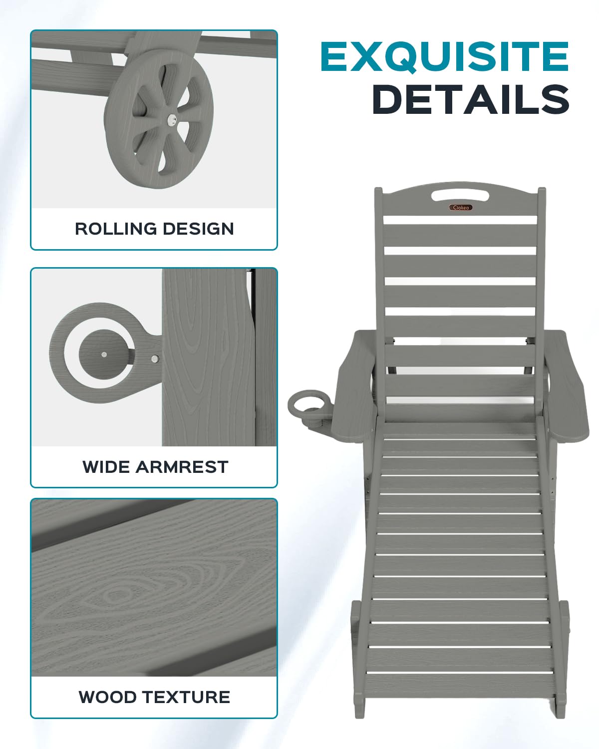 Lounge Chair Outdoor, Oversized Chaise Lounge Chair with 5 Positions, HDPE, Patio Lounge Chair with Wheels & Cup Holder for Pool, Deck, Poolside, Grey - CookCave