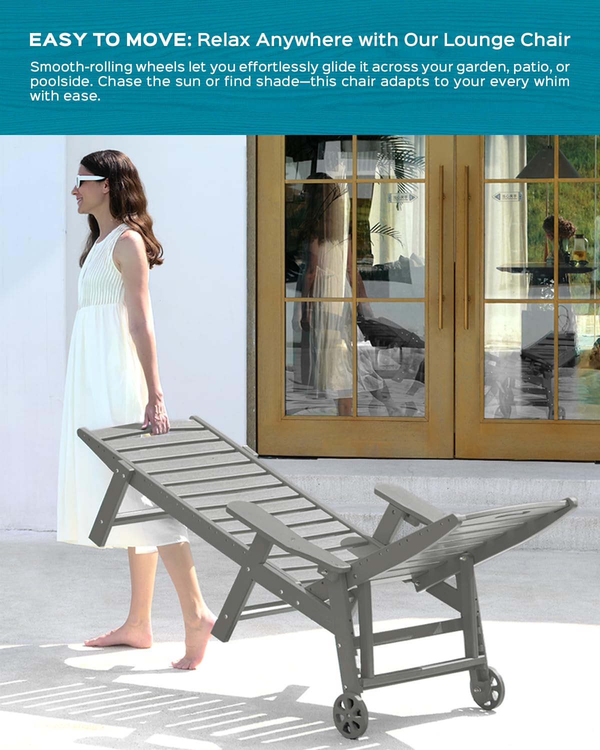 Lounge Chair Outdoor, Oversized Chaise Lounge Chair with 5 Positions, HDPE, Patio Lounge Chair with Wheels & Cup Holder for Pool, Deck, Poolside, Grey - CookCave