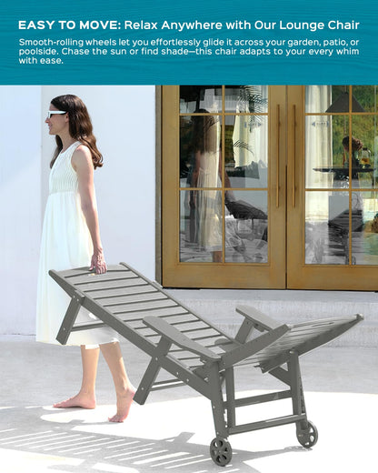 Lounge Chair Outdoor, Oversized Chaise Lounge Chair with 5 Positions, HDPE, Patio Lounge Chair with Wheels & Cup Holder for Pool, Deck, Poolside, Grey - CookCave