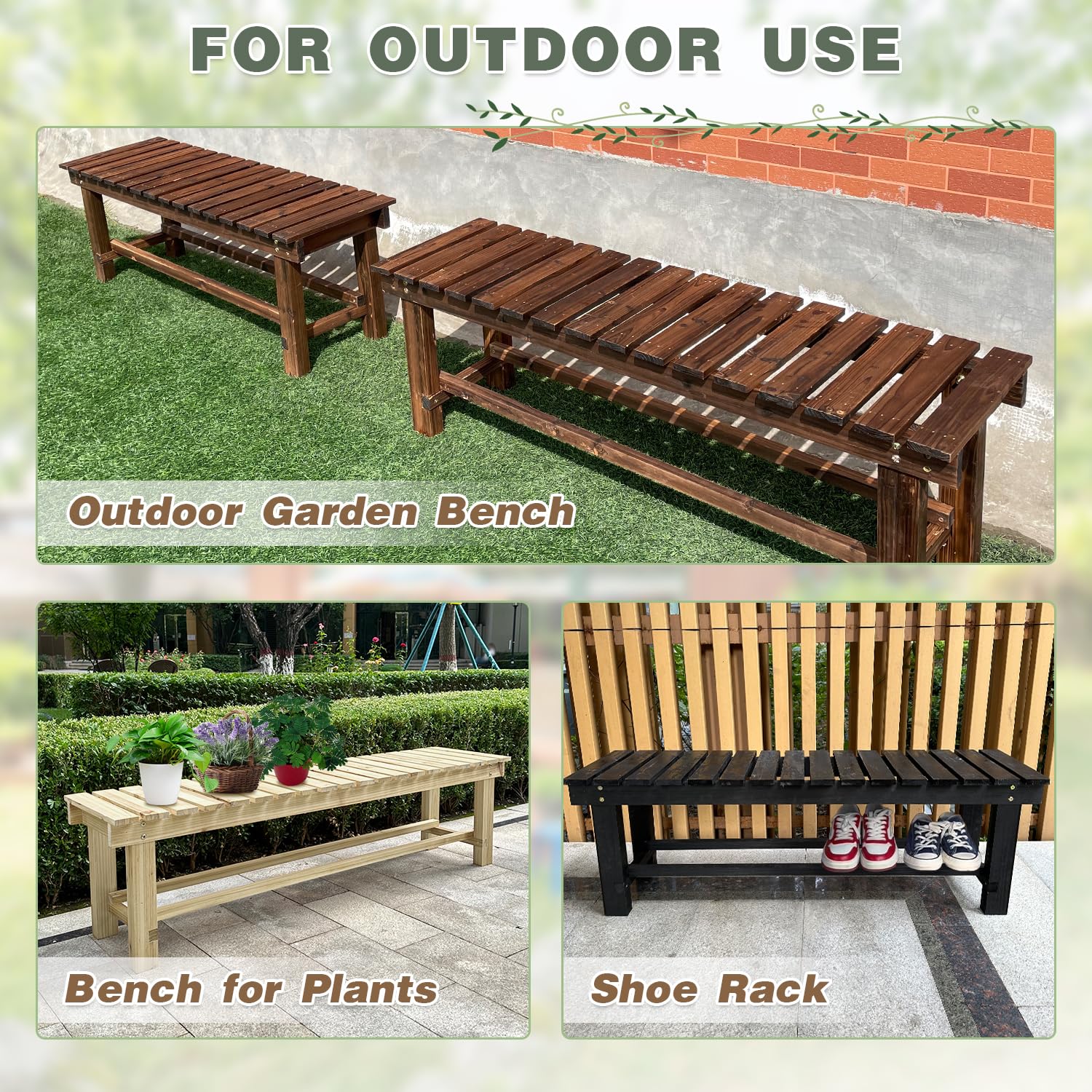 LSPYYDS Outdoor Garden Bench, 2-Person Wood Patio Bench Weatherproof Outdoor Backless Bench, Anti-Corrosion and Anti-Rust Garden Benches for Garden Lawn Porch Park Backyard (Carbonized,35.5''/90cm) - CookCave