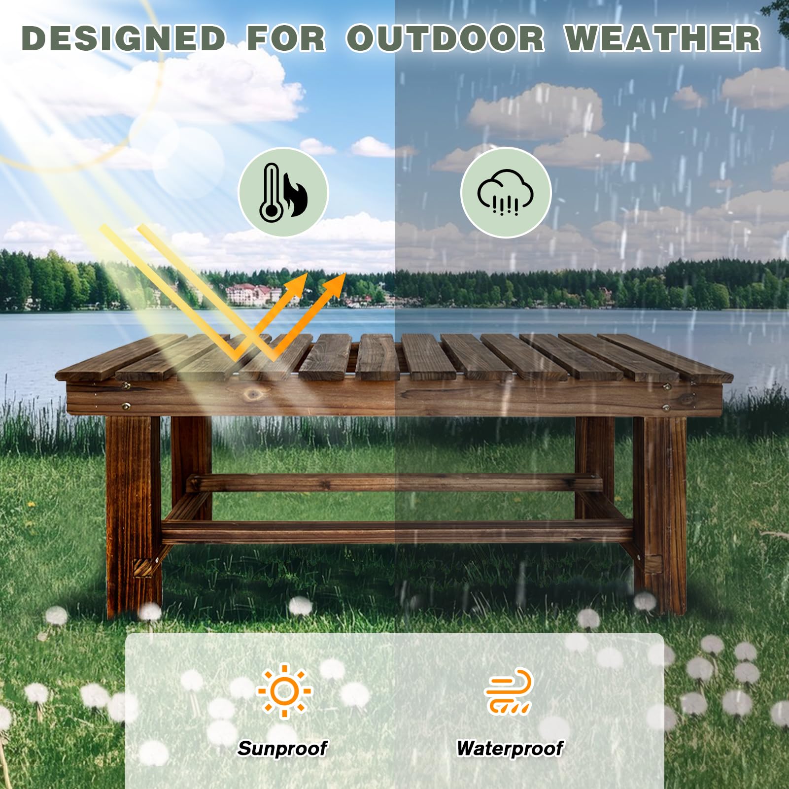 LSPYYDS Outdoor Garden Bench, 2-Person Wood Patio Bench Weatherproof Outdoor Backless Bench, Anti-Corrosion and Anti-Rust Garden Benches for Garden Lawn Porch Park Backyard (Carbonized,35.5''/90cm) - CookCave