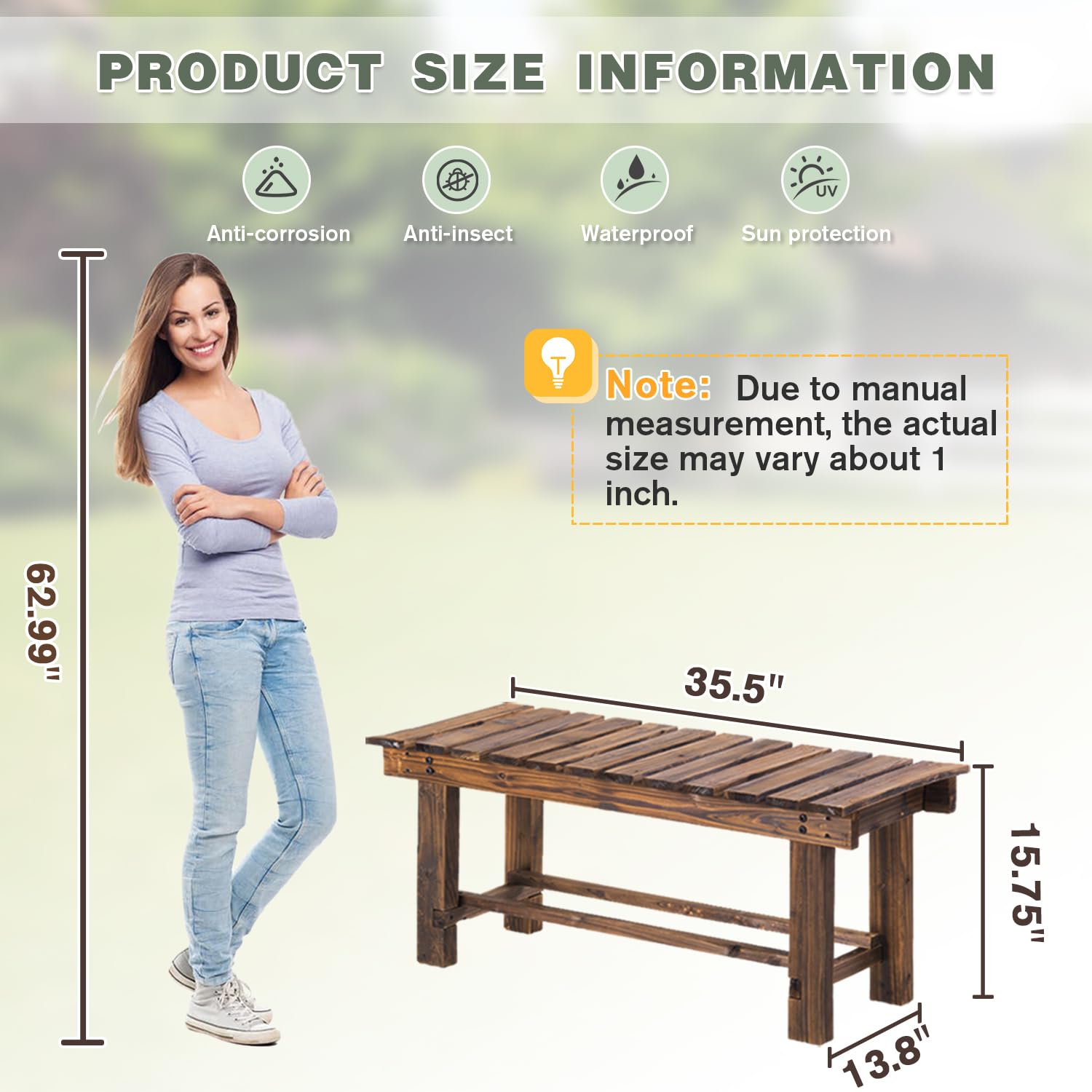 LSPYYDS Outdoor Garden Bench, 2-Person Wood Patio Bench Weatherproof Outdoor Backless Bench, Anti-Corrosion and Anti-Rust Garden Benches for Garden Lawn Porch Park Backyard (Carbonized,35.5''/90cm) - CookCave