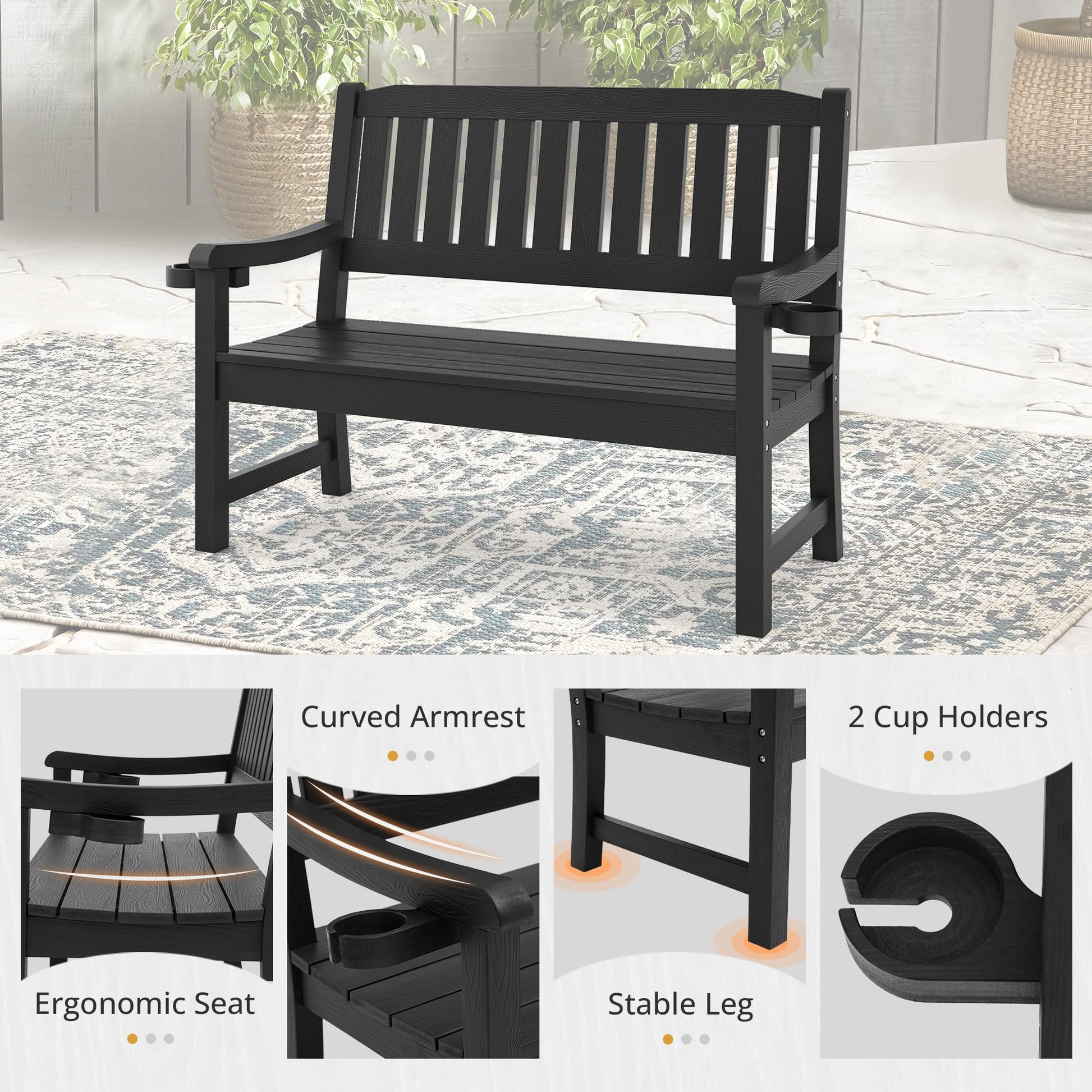 LUE BONA Outdoor Bench, 2-Person HDPS Garden Bench, Outdoor Benches Weatherproof, All-Weather Fade/Rot Resistant Patio Bench for Park, Front Porch, Backyard (Black) - CookCave