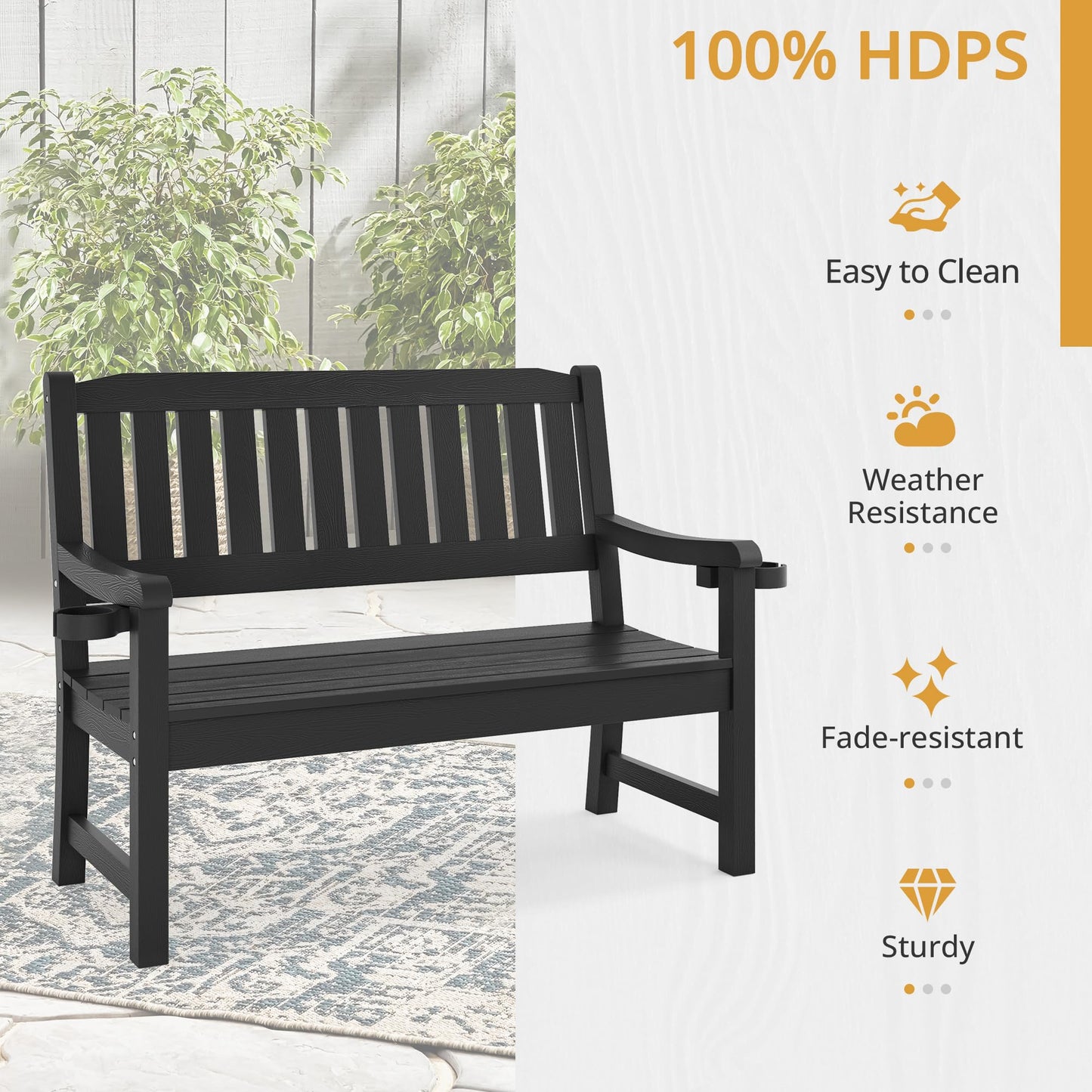 LUE BONA Outdoor Bench, 2-Person HDPS Garden Bench, Outdoor Benches Weatherproof, All-Weather Fade/Rot Resistant Patio Bench for Park, Front Porch, Backyard (Black) - CookCave