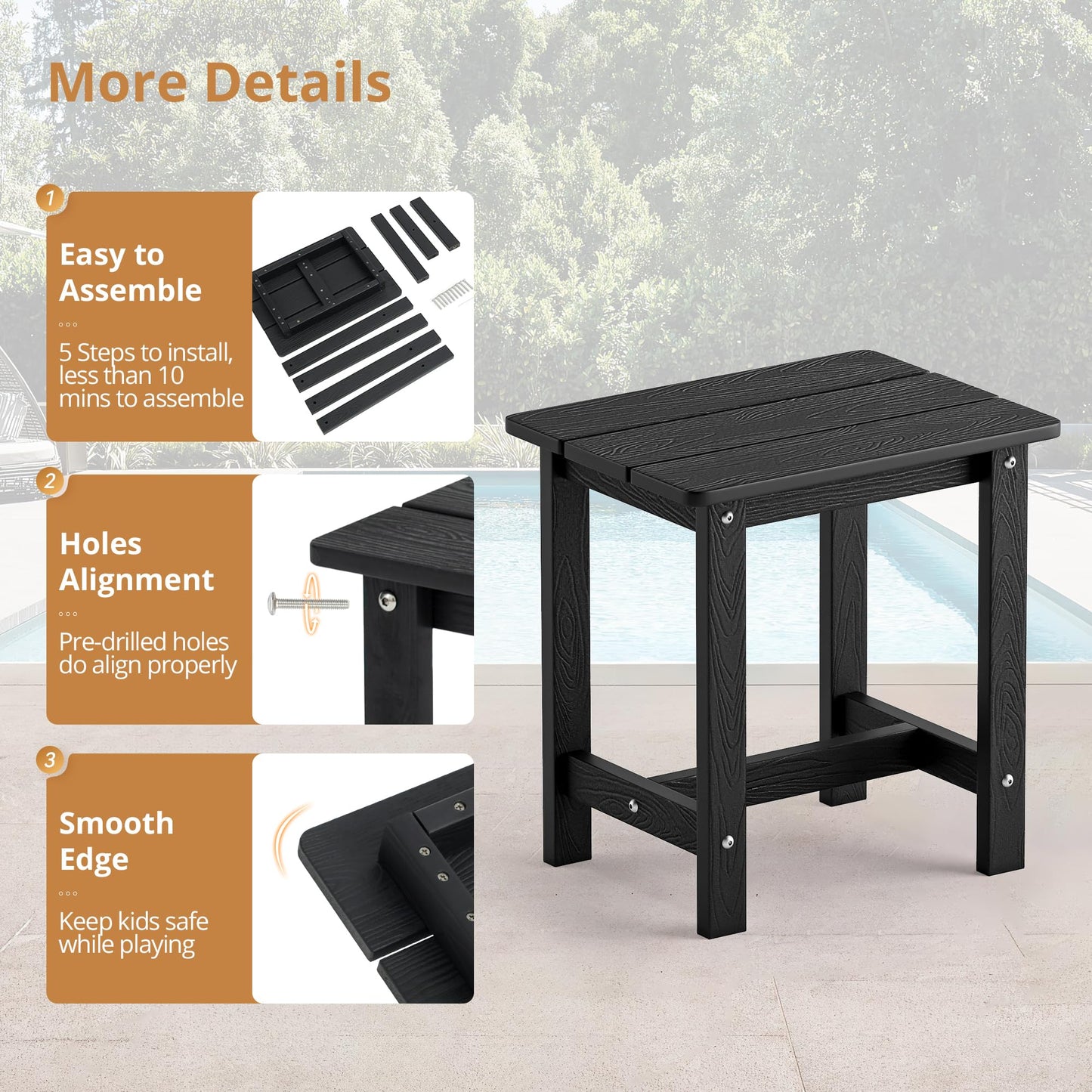 LUE BONA Outdoor Side Table, HDPS Small Outdoor Adirondack Side Tables, Outside End Table for Patio, Porch, Deck, Pool, Weather Resistant/Easy Maintenance, Black - CookCave