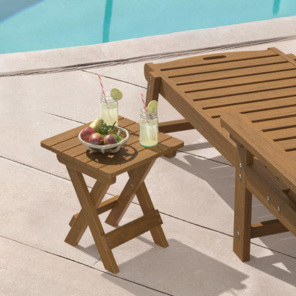 LUE BONA Small Outdoor Folding Side Table, HDPS Outside End Table for Patio, Porch, Deck, Pool, 14 Inch Height, Teak Color Oil Printed - CookCave