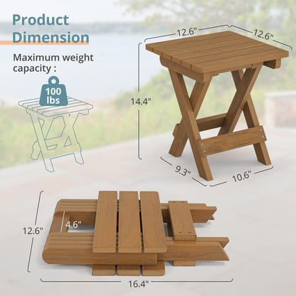 LUE BONA Small Outdoor Folding Side Table, HDPS Outside End Table for Patio, Porch, Deck, Pool, 14 Inch Height, Teak Color Oil Printed - CookCave