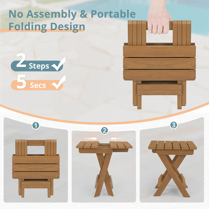 LUE BONA Small Outdoor Folding Side Table, HDPS Outside End Table for Patio, Porch, Deck, Pool, 14 Inch Height, Teak Color Oil Printed - CookCave