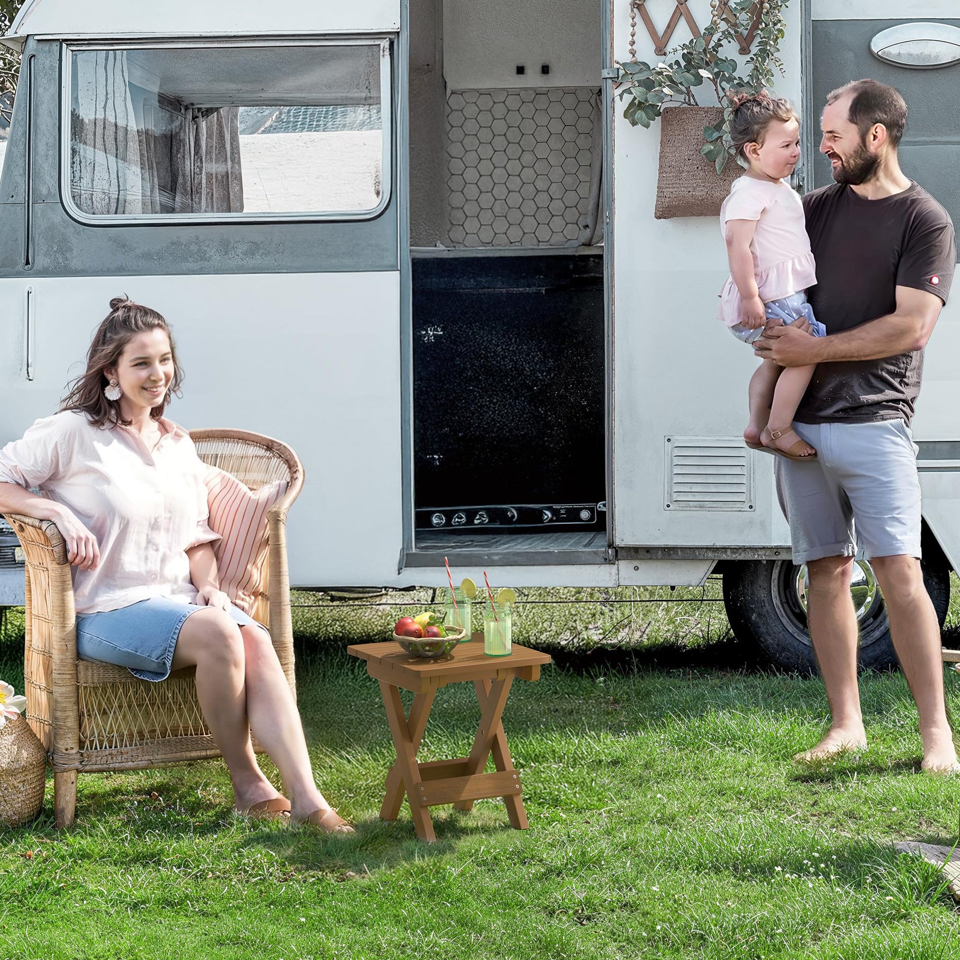 LUE BONA Small Outdoor Folding Side Table, HDPS Outside End Table for Patio, Porch, Deck, Pool, 14 Inch Height, Teak Color Oil Printed - CookCave