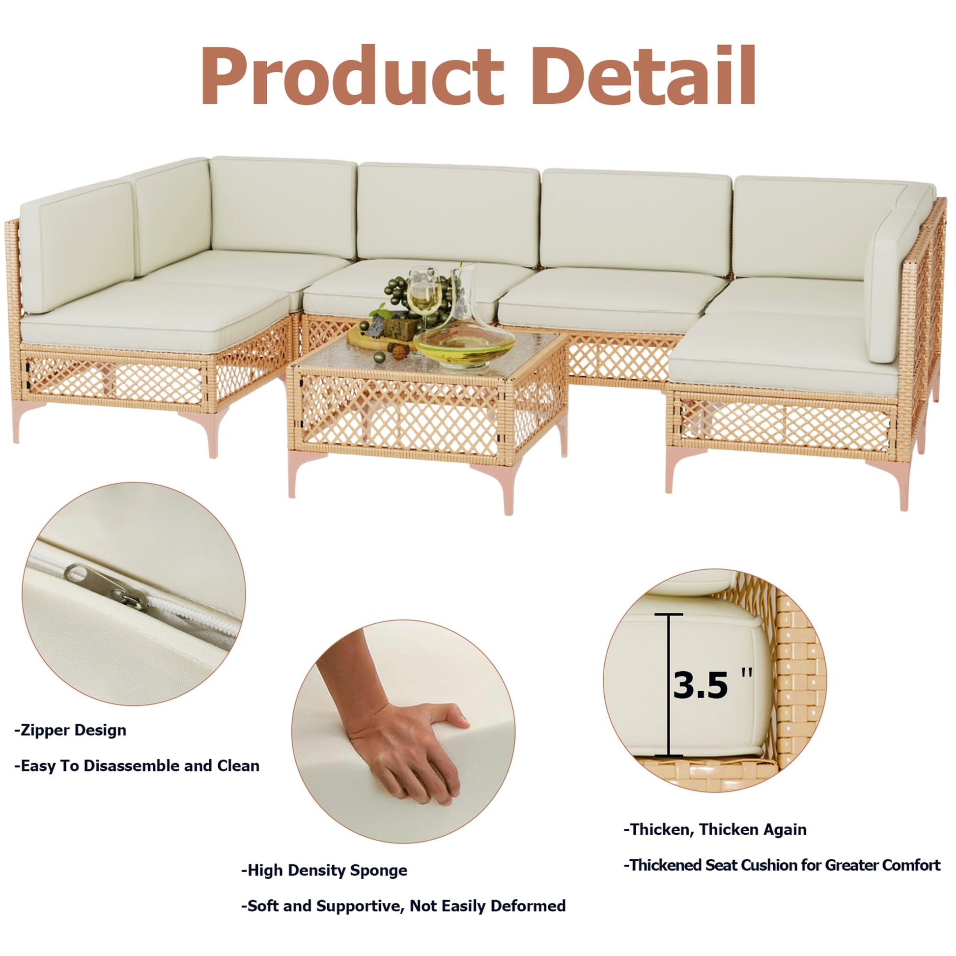 LYNSLIM 7 Piece Outdoor Patio Furniture Set, Wicker Outdoor Sectional Furniture Set, Boho Patio Conversation Sectional Sofa with Large Tempered Glass Coffee Table and Waterproof Cushion for Backyard - CookCave