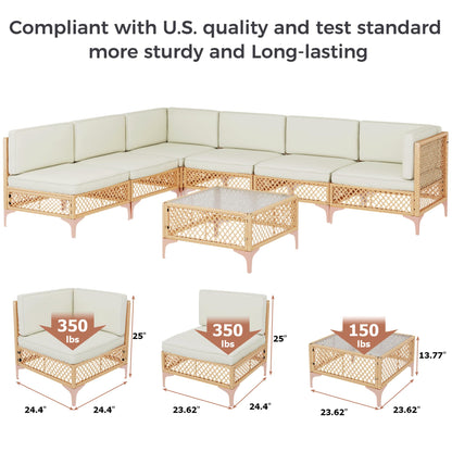 LYNSLIM 7 Piece Outdoor Patio Furniture Set, Wicker Outdoor Sectional Furniture Set, Boho Patio Conversation Sectional Sofa with Large Tempered Glass Coffee Table and Waterproof Cushion for Backyard - CookCave