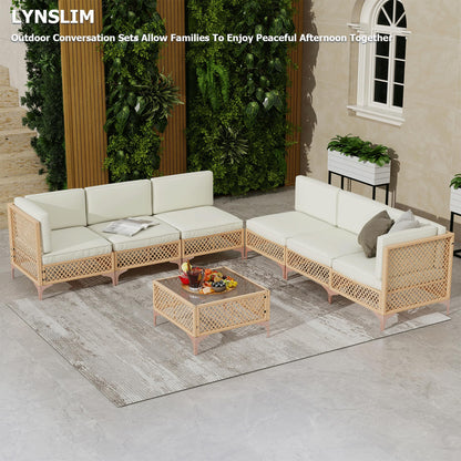 LYNSLIM 7 Piece Outdoor Patio Furniture Set, Wicker Outdoor Sectional Furniture Set, Boho Patio Conversation Sectional Sofa with Large Tempered Glass Coffee Table and Waterproof Cushion for Backyard - CookCave
