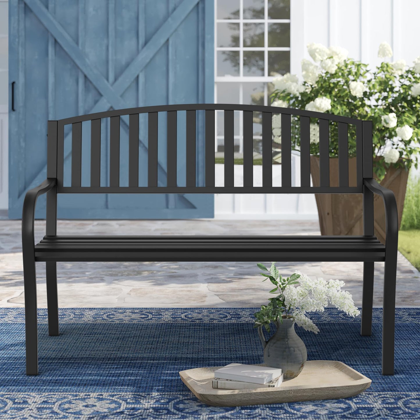 Maemttes Outdoor Bench Garden Bench, Weatherproof Anti-Rust Heavy-Duty Outside Benches Clearance, Wrought Iron Metal Bench for Front Porch, Patio, Park - CookCave