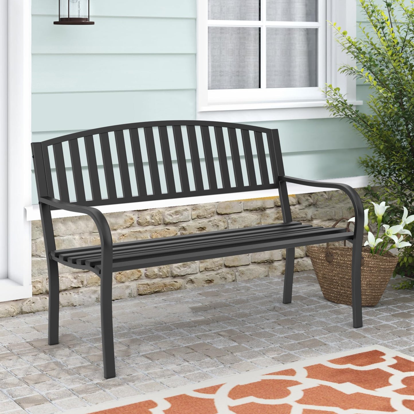 Maemttes Outdoor Bench Garden Bench, Weatherproof Anti-Rust Heavy-Duty Outside Benches Clearance, Wrought Iron Metal Bench for Front Porch, Patio, Park - CookCave