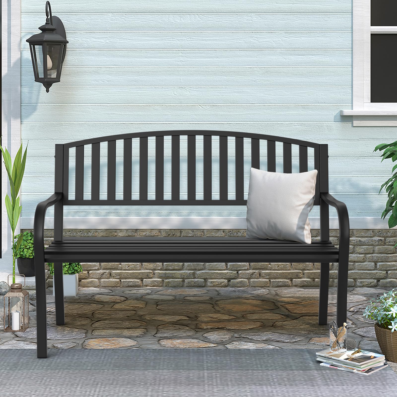Maemttes Outdoor Bench Garden Bench, Weatherproof Anti-Rust Heavy-Duty Outside Benches Clearance, Wrought Iron Metal Bench for Front Porch, Patio, Park - CookCave