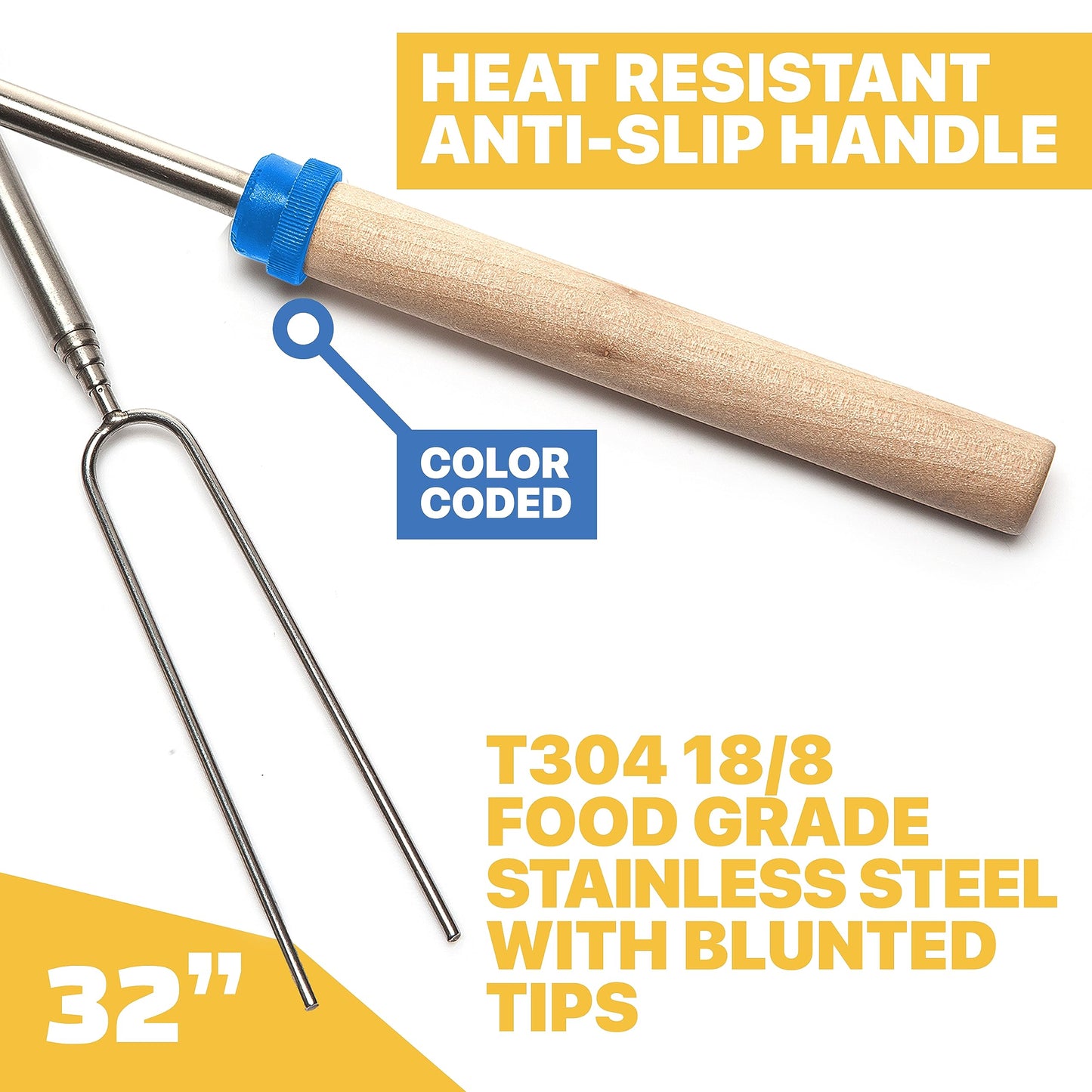 MalloMe Smores Sticks for Fire Pit Long - Marshmallow Roasting Sticks Smores Kit - Smore Skewers Hot Dog Fork Campfire Cooking Equipment, Camping Essentials S'mores Gear Outdoor Accessories 32" 5 Pack - CookCave