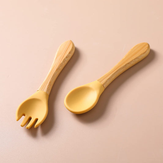 Mamimami Home Baby Feeding Spoon, Bamboo Wood and Silicone Baby Fork and Spoon - Soft Curved Silicone Tip Spoons - Suitable for Baby and Toddlers Forked Spoone（Yellow） - CookCave