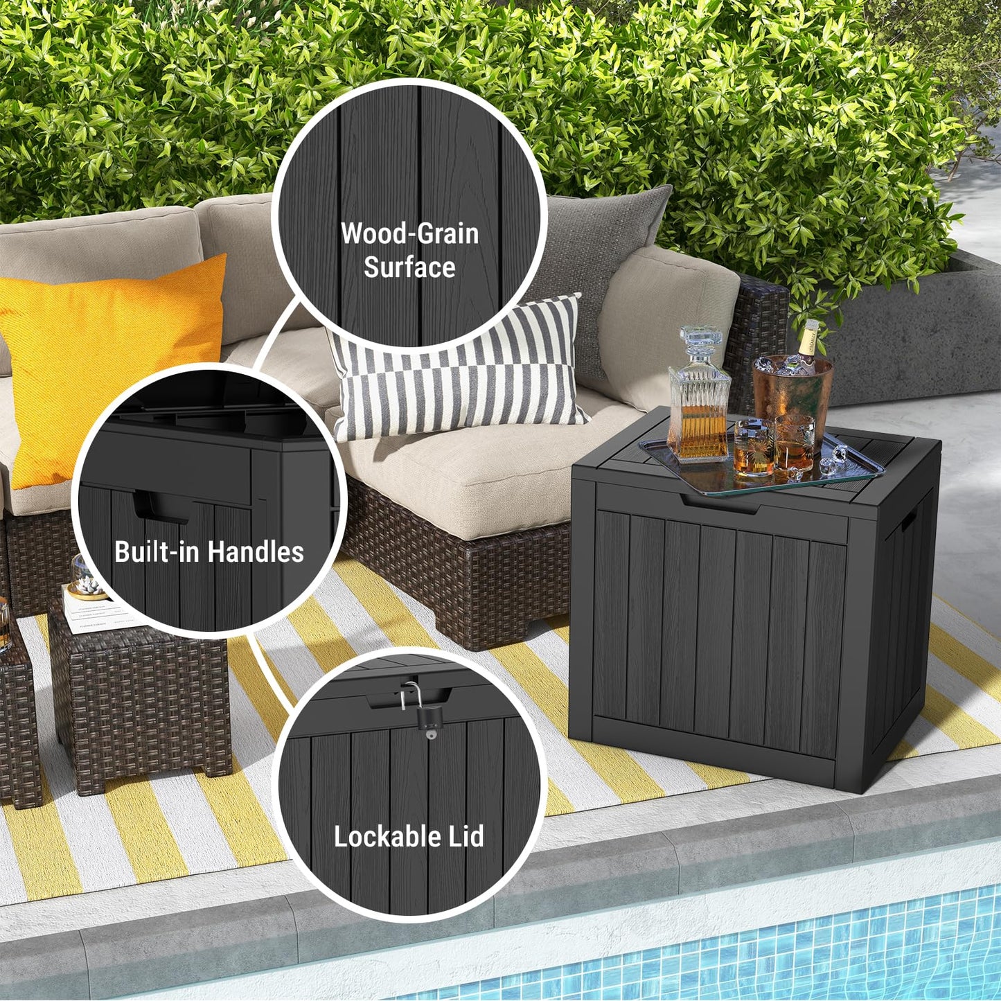 Mars Villa Deck Box, Waterproof Weatherproof and UV Resistant Resin Storage Bin with Lockable Lid, Ideal for, Outdoor, Patio Furniture Cushions, Pool Supplies, Garden Tools (31 Gallon, Black) - CookCave
