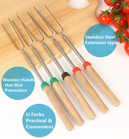 Marshmallow Roasting Sticks Wooden Handle Set of 12 Smores Skewers Telescoping Forks 32 inch with Portable Bag for Hot Dog Campfire Camping Stove BBQ Tools - CookCave