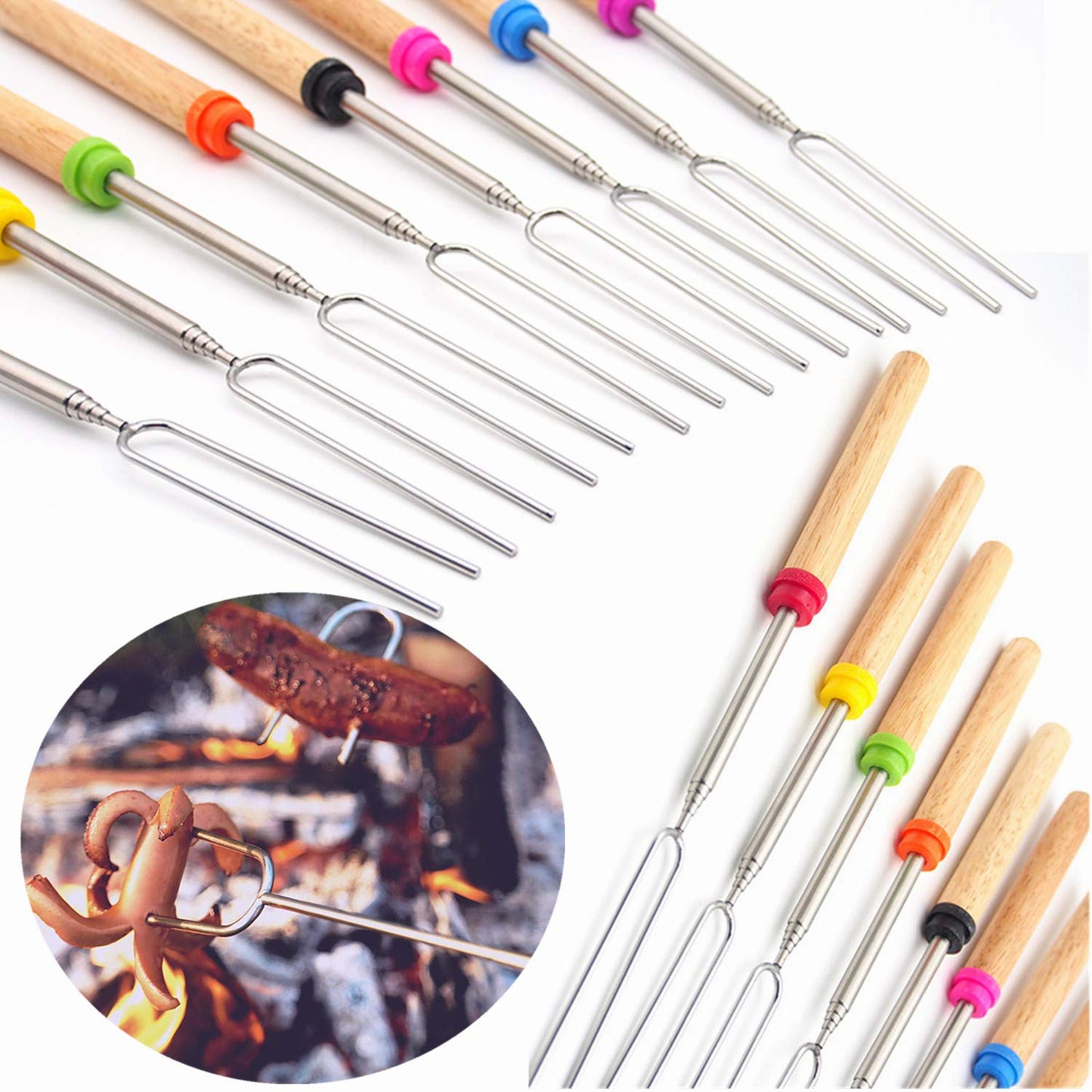 Marshmallow Roasting Sticks Wooden Handle Set of 12 Smores Skewers Telescoping Forks 32 inch with Portable Bag for Hot Dog Campfire Camping Stove BBQ Tools - CookCave