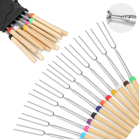 Marshmallow Roasting Sticks Wooden Handle Set of 12 Smores Skewers Telescoping Forks 32 inch with Portable Bag for Hot Dog Campfire Camping Stove BBQ Tools - CookCave