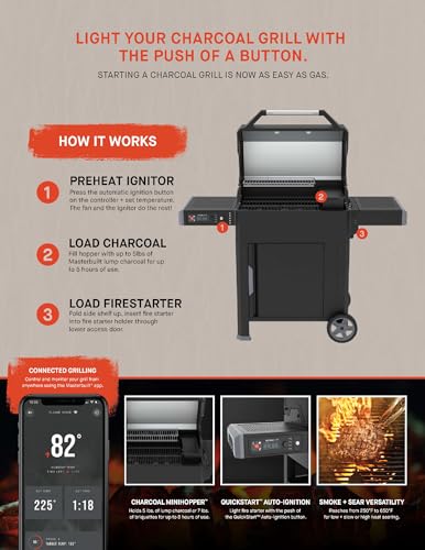 Masterbuilt AutoIgnite 545 Digital Charcoal Grill and Smoker Combo for Easy Grilling, Digital Control, App, Sear Plate, Mini Hopper and 545 BBQ Cooking Square In. in Black - CookCave