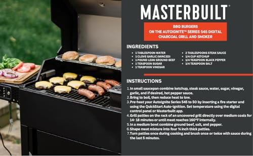 Masterbuilt AutoIgnite 545 Digital Charcoal Grill and Smoker Combo for Easy Grilling, Digital Control, App, Sear Plate, Mini Hopper and 545 BBQ Cooking Square In. in Black - CookCave