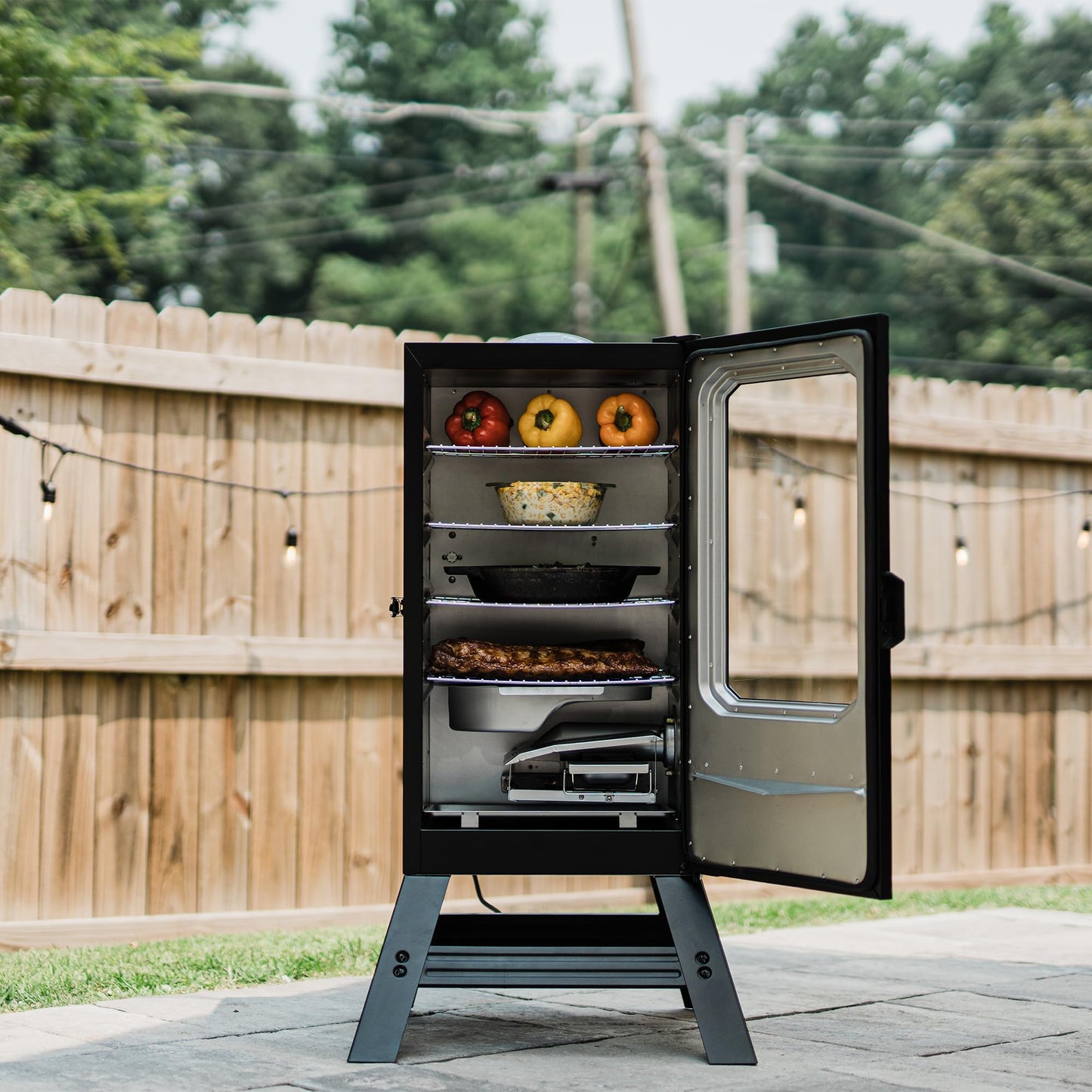 Masterbuilt® 30-inch Digital Electric Vertical BBQ Smoker with Leg Kit, Side Wood Chip Loader and 710 Cooking Square Inches in Black, Model MB20070421 - CookCave