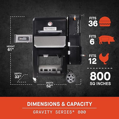 Masterbuilt® Gravity Series® 800 Digital Charcoal Grill, Griddle and Smoker with Digital Control, App Connectivity and 800 Cooking Square Inches in Black, Model MB20040221 - CookCave