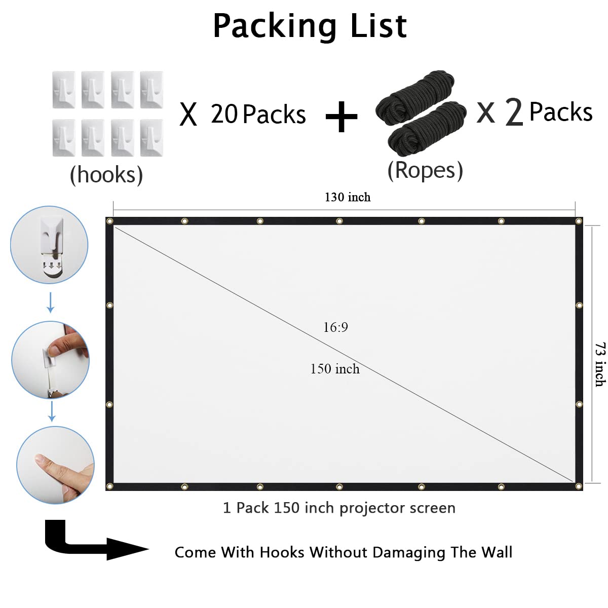 Mdbebbron 150 inch Projection Screen 16:9 Foldable Anti-Crease Portable Projector Movies Screen for Office Home Theater Outdoor Indoor Support Double Sided Projection - CookCave