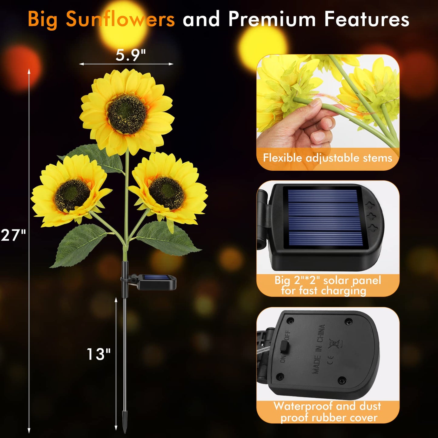 Meagoo Solar Sunflower Lights, 800mA Solar Garden Light with Real Looking Flowers Outdoor Waterproof Solar Stake Lights for Back Yard, Flower Bed, Pathway, Patio, Porch, Spring Decoration (2 Pack) - CookCave