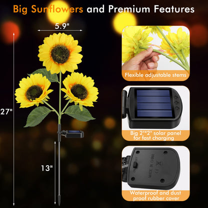 Meagoo Solar Sunflower Lights, 800mA Solar Garden Light with Real Looking Flowers Outdoor Waterproof Solar Stake Lights for Back Yard, Flower Bed, Pathway, Patio, Porch, Spring Decoration (2 Pack) - CookCave