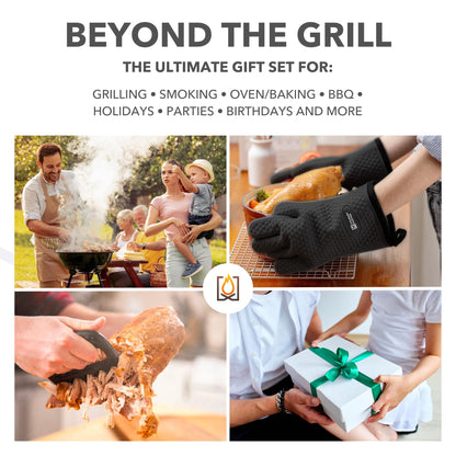 Meat Claws and Smoker Gloves | No.1 Extreme Heat Resistant BBQ Grill Gloves | Non-Slip Waterproof Silicone Oven Mitts | Pulled Pork Claws | Thermometer | Barbecue, Grilling, Smoking, Shredding (Black) - CookCave