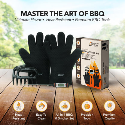 Meat Claws and Smoker Gloves | No.1 Extreme Heat Resistant BBQ Grill Gloves | Non-Slip Waterproof Silicone Oven Mitts | Pulled Pork Claws | Thermometer | Barbecue, Grilling, Smoking, Shredding (Black) - CookCave
