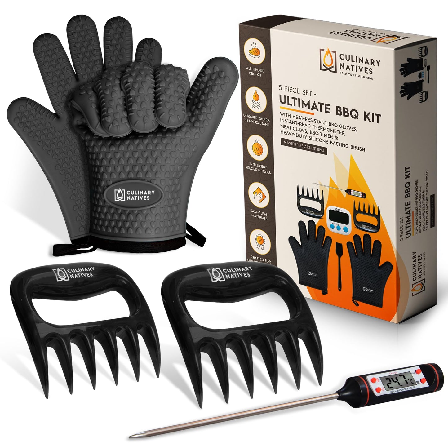 Meat Claws and Smoker Gloves | No.1 Extreme Heat Resistant BBQ Grill Gloves | Non-Slip Waterproof Silicone Oven Mitts | Pulled Pork Claws | Thermometer | Barbecue, Grilling, Smoking, Shredding (Black) - CookCave