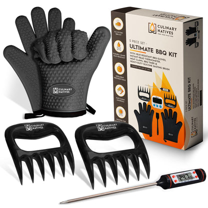 Meat Claws and Smoker Gloves | No.1 Extreme Heat Resistant BBQ Grill Gloves | Non-Slip Waterproof Silicone Oven Mitts | Pulled Pork Claws | Thermometer | Barbecue, Grilling, Smoking, Shredding (Black) - CookCave