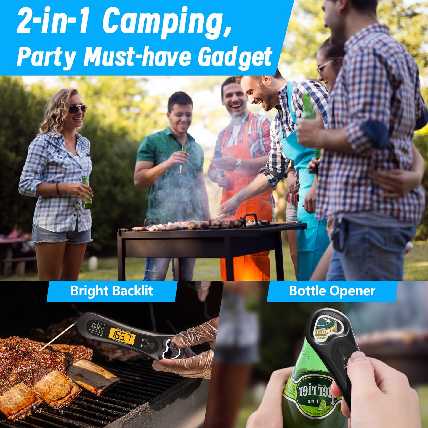 Meat Thermometer Digital, Instant Read Meat Thermometer for Grill and Cooking, with Bottle Opener, Backlight & Calibration Food Thermometer, Kitchen Gadgets for BBQ, Turkey, Candy, Liquids - CookCave