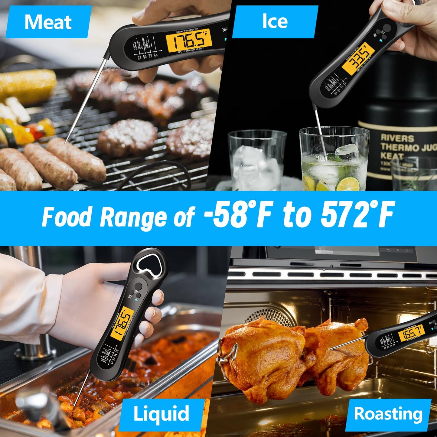 Meat Thermometer Digital, Instant Read Meat Thermometer for Grill and Cooking, with Bottle Opener, Backlight & Calibration Food Thermometer, Kitchen Gadgets for BBQ, Turkey, Candy, Liquids - CookCave