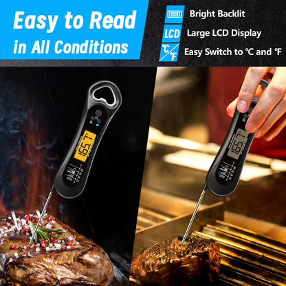 Meat Thermometer Digital, Instant Read Meat Thermometer for Grill and Cooking, with Bottle Opener, Backlight & Calibration Food Thermometer, Kitchen Gadgets for BBQ, Turkey, Candy, Liquids - CookCave