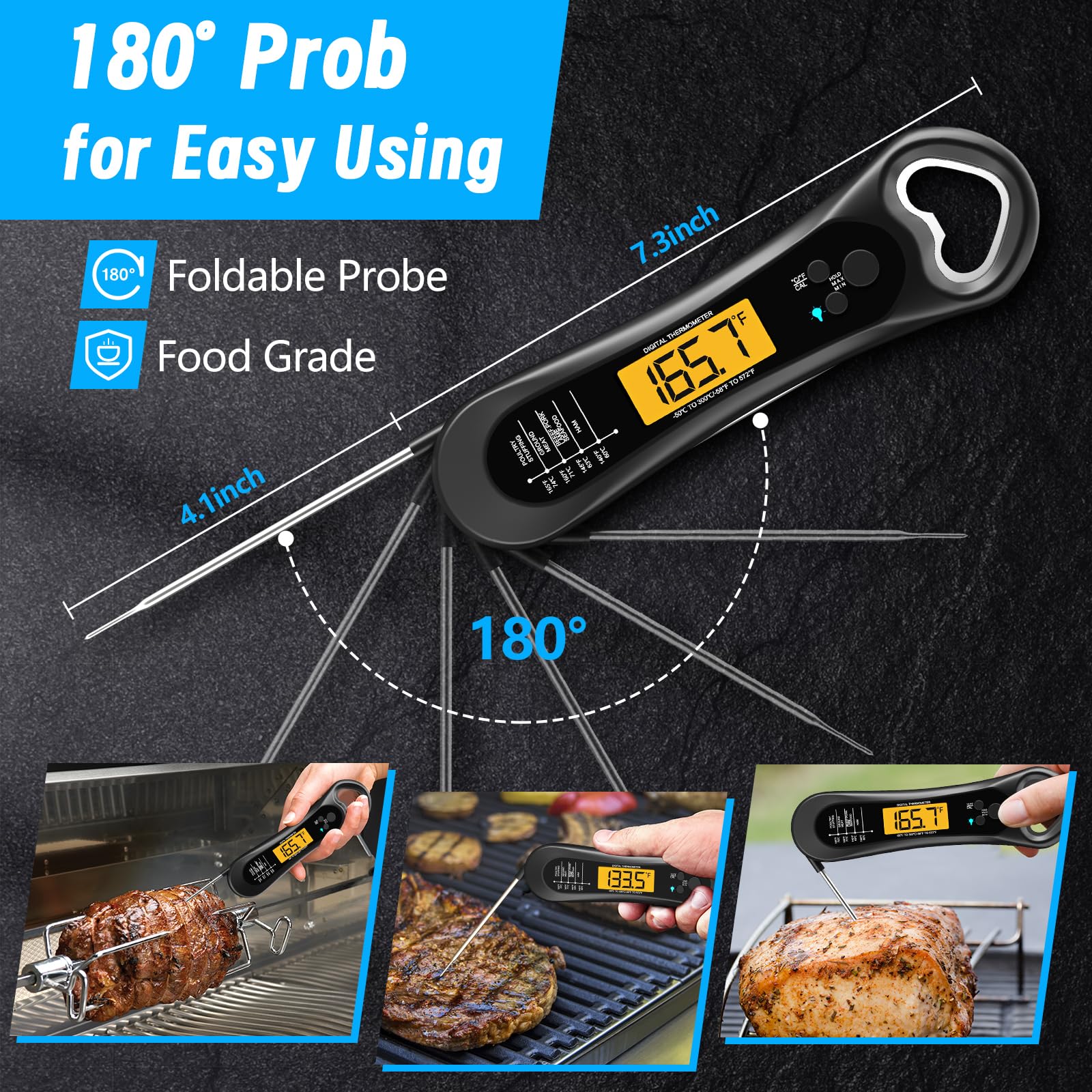 Meat Thermometer Digital, Instant Read Meat Thermometer for Grill and Cooking, with Bottle Opener, Backlight & Calibration Food Thermometer, Kitchen Gadgets for BBQ, Turkey, Candy, Liquids - CookCave